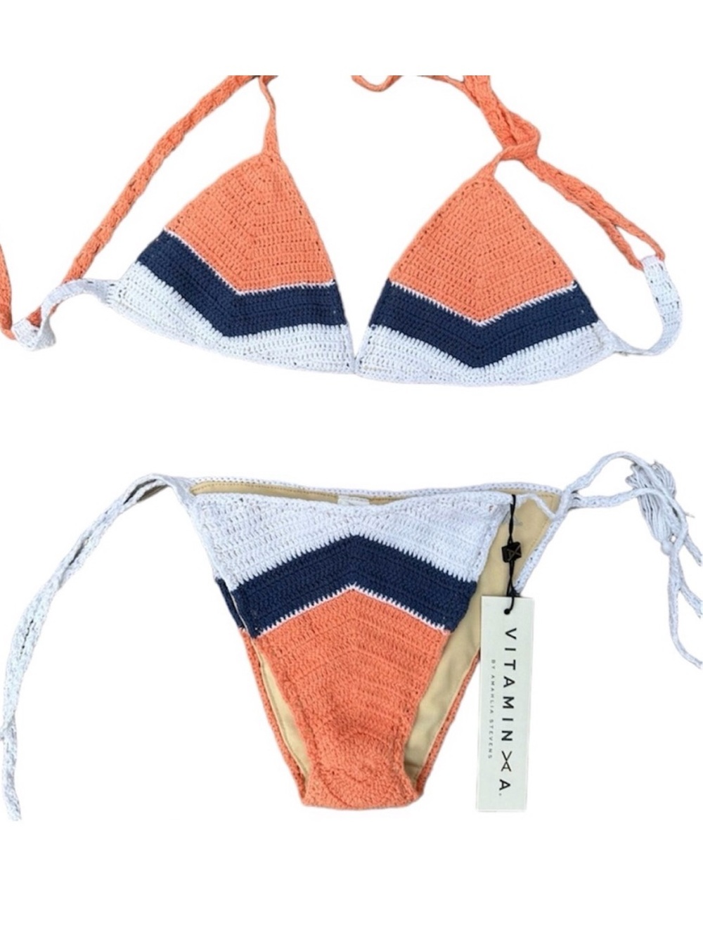 Vitamin A Nightbird Crochet Knit Tie Triangle Bikini Set Size Medium Navy White